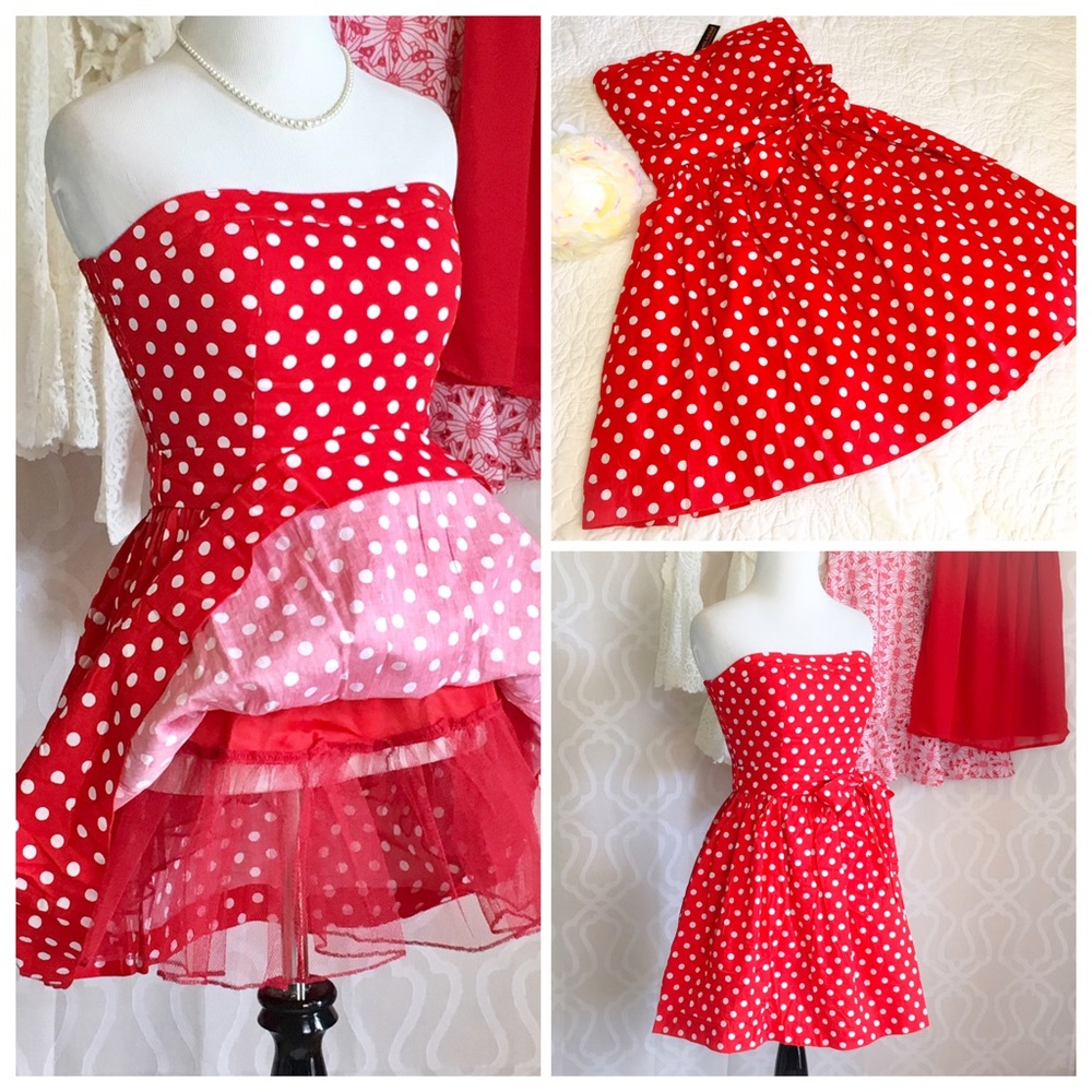 *CLEARANCE* Red Strapless Polka Dot Pin Up Dress - Picture 3 of 7